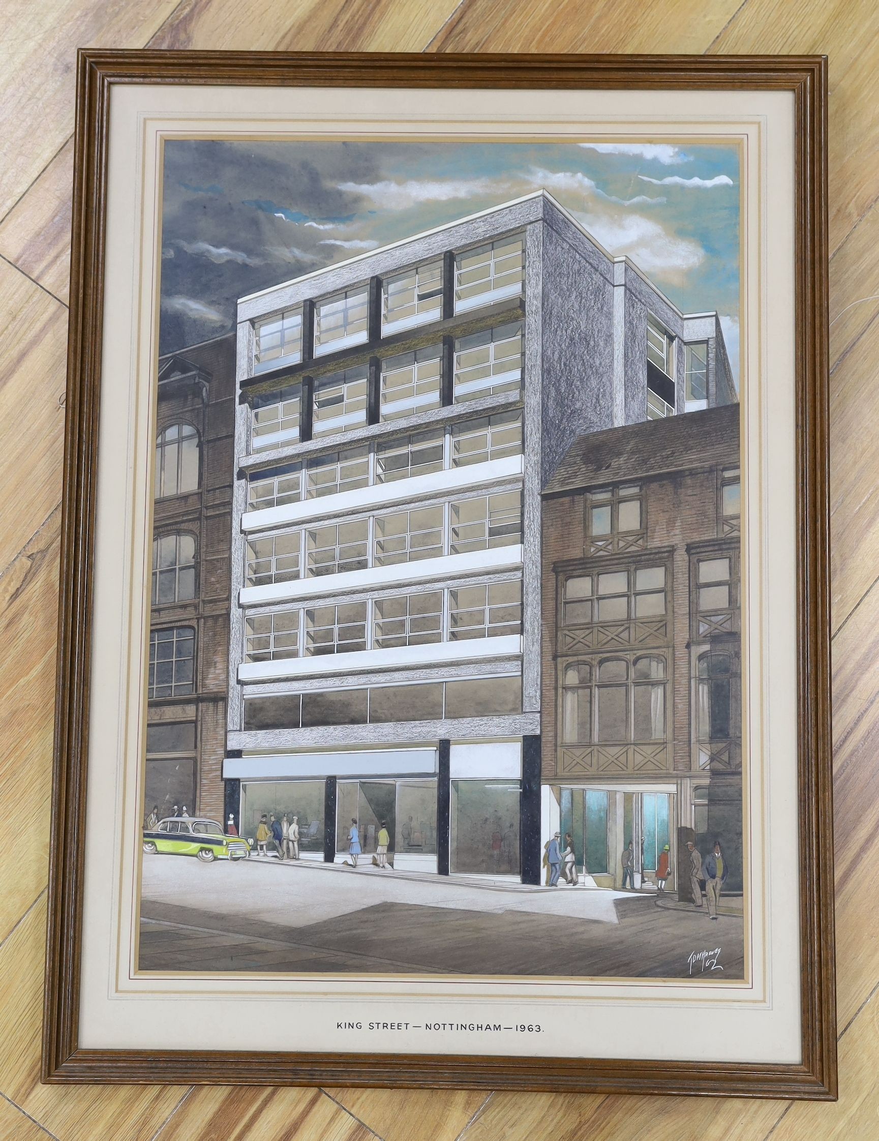 TDM Harvey, pencil and watercolour, Architectural design for a building at King Street, Nottingham 1963, signed and dated '62, 57 x 40cm